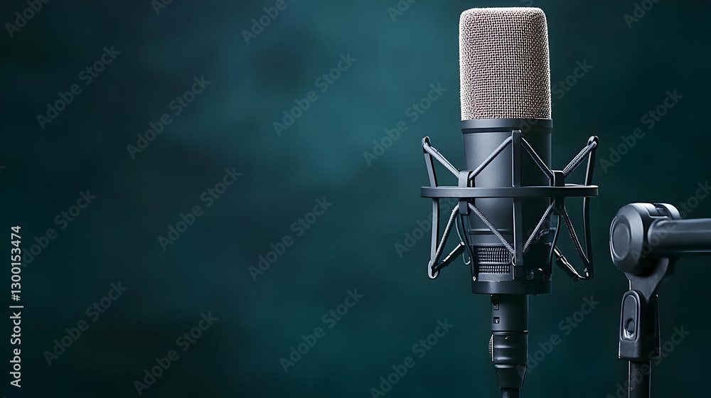 Poster close up of studio microphone on stand with black and white pattern with a dark teal blurred backgro