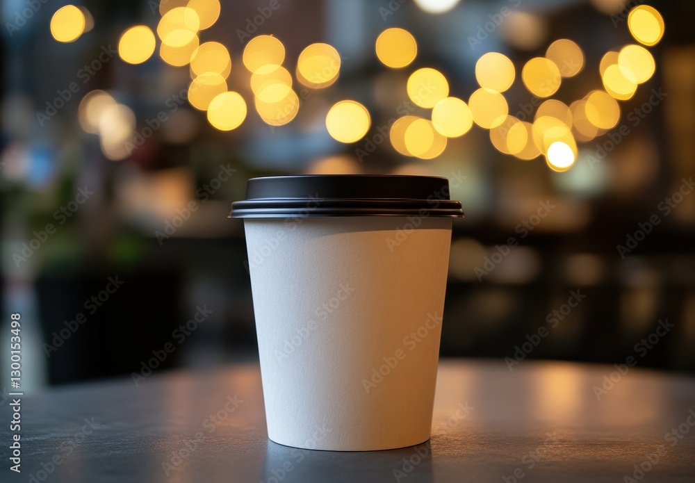 Poster blank coffee cup on table with warm bokeh lights in background creating a cozy and inviting atmosphe