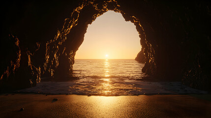 Ocean Sunset View Through Coastal Cave Opening