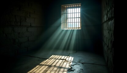 Dimly lit prison cell with rough stone walls and cold iron bars creating a dark atmosphere