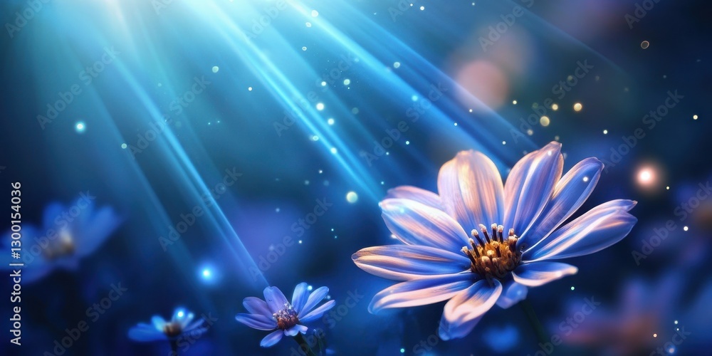 Poster blue flower illuminated by soft rays of light, surrounded by dreamy background with bokeh effect, cr