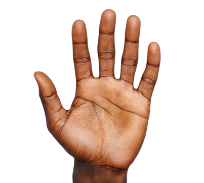 Open palm of an African American hand, isolated on transparent cutout background
