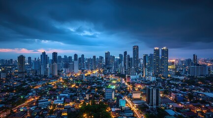 Obraz premium Night City Skyline with Dramatic Clouds and City Lights