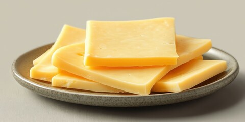 Slices of yellow cheese arranged neatly on a small plate ready for a snack or sandwich preparation