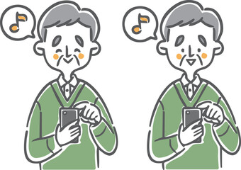 スマホを操作してご機嫌なシニア男性　上半身　ベクター