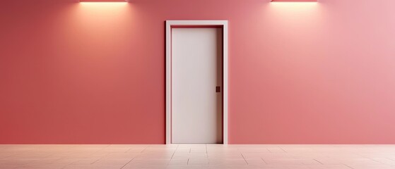 A minimalist room with a pink wall features a white door, illuminated by two wall lights, creating a modern and inviting atmosphere.
