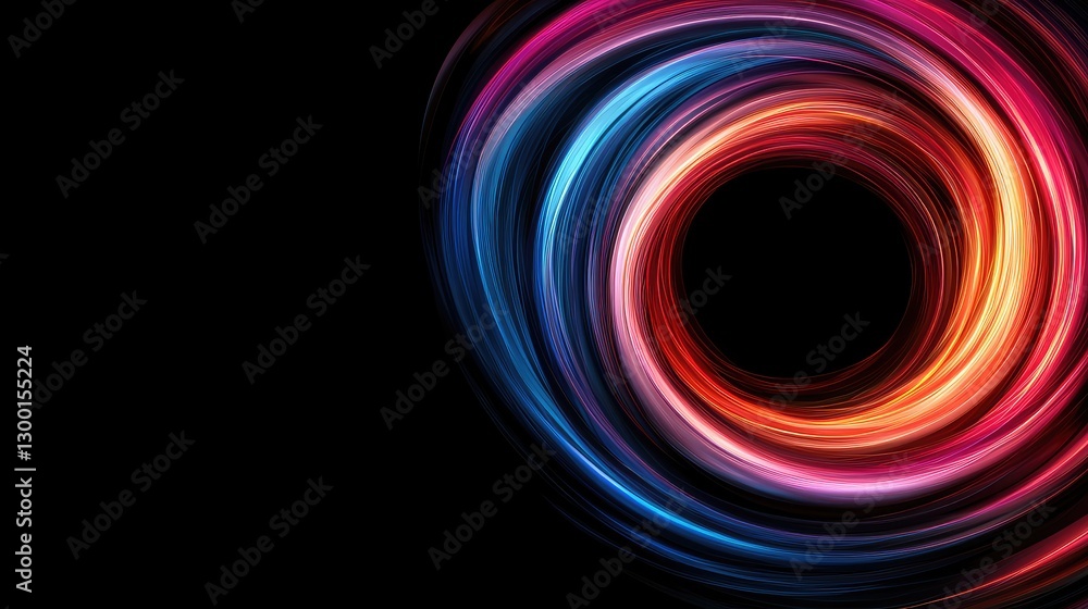 Poster a vibrant circular design with swirling colors, creating an illusion of depth against a dark backgro