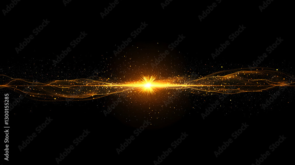 Poster abstract golden light wave with sparkling particles on black background creating glowing energy flar