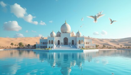 Fototapeta premium Serene Oasis Majestic White Mosque Reflecting in a Tranquil Desert Lagoon
