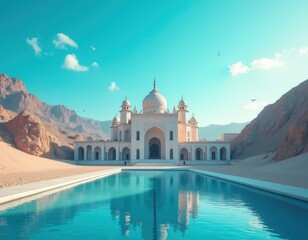 Naklejka premium Majestic White Mosque Reflecting in Desert Oasis Pool Stunning Architecture