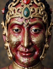 Fototapeta premium Intricate Red and Gold Deity Sculpture Ornate Headpiece Detailed Face Asian Art