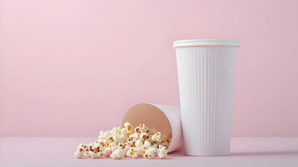 White Popcorn Cups And Spilled Kernels Against A Pink Background
