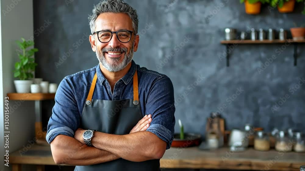 Poster man with a black apron and a watch is standing in front of a kitchen counter. he is smiling and he i