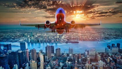 commercial airline plane flying over Manhattan, aerial view Manhattan district in New York , Sunset late afternoon, international landmark tourism in America, skyscrapers architecture © poco_bw