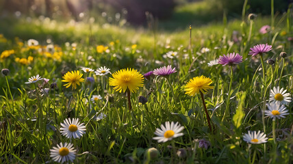 Fototapeta premium meadow with flowers.Meadow with lots of white and pink spring daisy flowers and yellow dandelions in sunny day