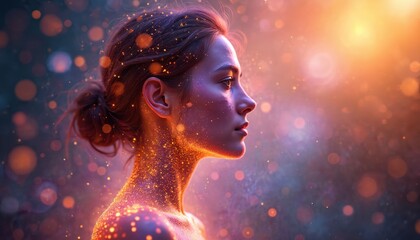 Girl in sparkling bokeh lights. Orange glowing light illuminates female profile. Pretty woman shoulder portrait. Fantasy background with dust glitter, magic energy, cosmic sparkle. Beauty, fashion,