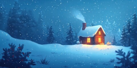 Naklejka premium A cozy cabin nestled in a snowy winter wonderland setting