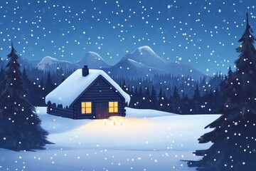 Naklejka premium A cozy winter scene depicts a snow covered cabin in the mountains
