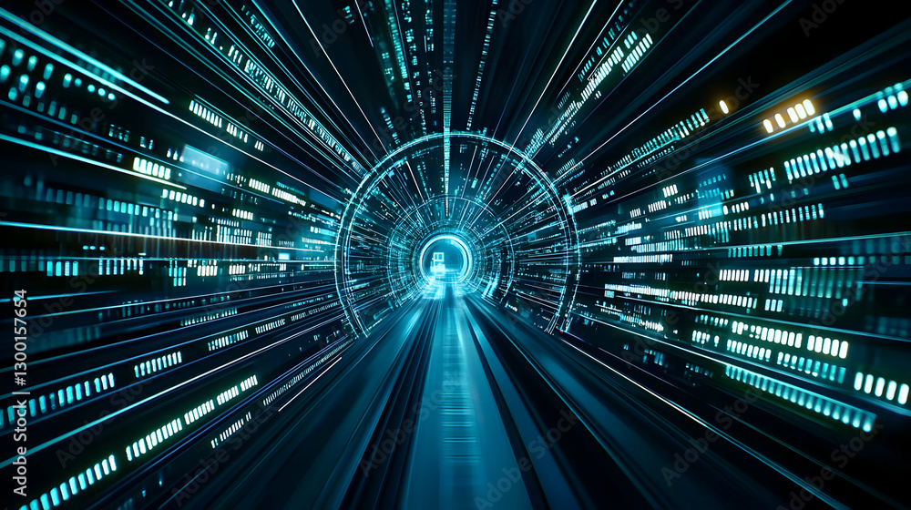 Poster blue digital tunnel with data stream and glowing lines representing technology network transport