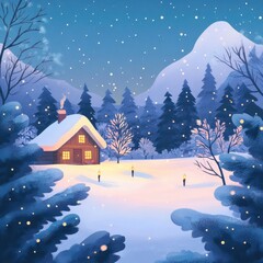 Fototapeta premium A Cozy Lit House Surrounded by Snowy Trees During Wintertime