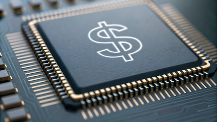 financial inclusionclose up of microchip with circuits and dollar symbol, symbolizing technology and finance