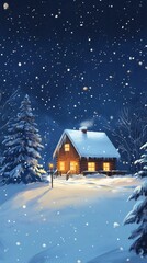 A snow covered cabin nestled in a wintry forest landscape