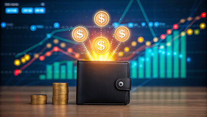 Fototapeta premium financial inclusiondigital wallet emitting bright financial symbols with coins and graphs