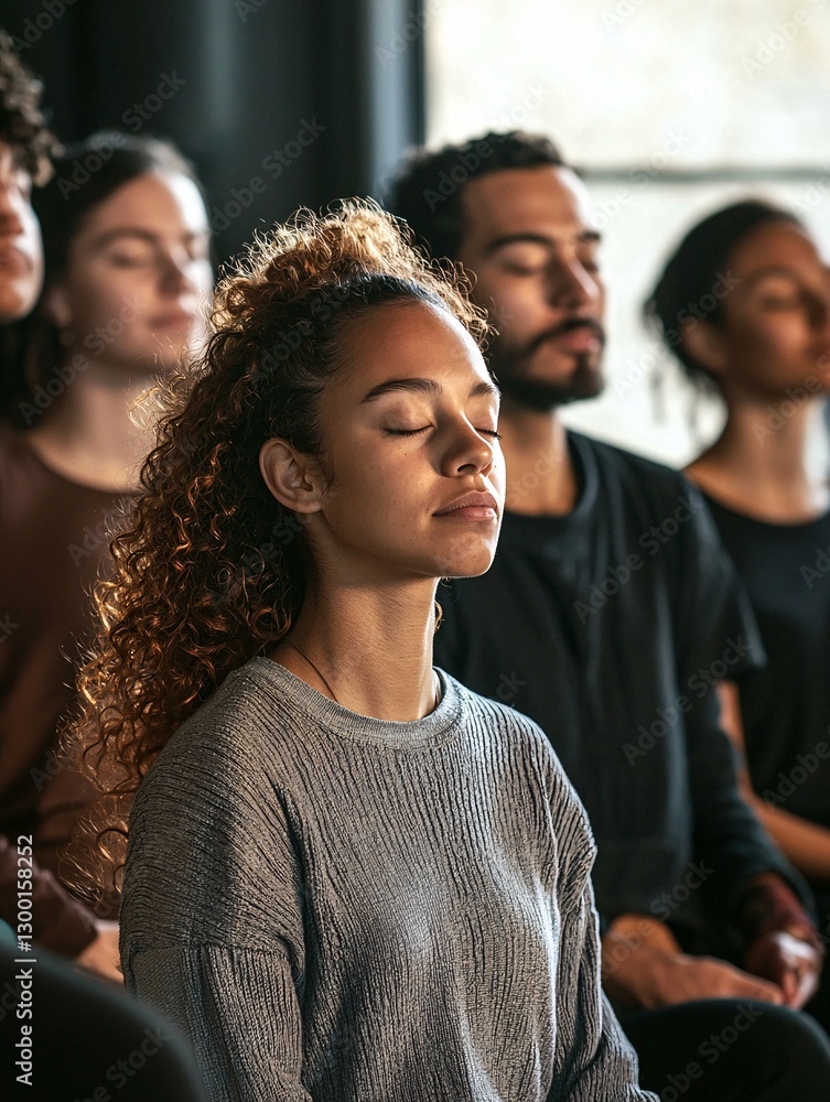 Aufkleber a therapist leads a mindfulness session in a studio, showcasing relaxation techniques as a diverse g