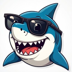 Naklejka premium Funny shark wearing sunglasses illustration. Cute, happy animal with jaw, teeth, isolated on white. Design for children. Summer vacation, beach holiday, water activities theme. Undersea world, marine