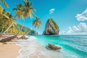 Pristine White Sand Beach Meets Tranquil Sea Bay Under a Sunlit Blue Sky, Featuring Tropical Paradise Vibes and Palm Trees