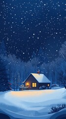 A snowy cabin with warm lights nestled in a forest