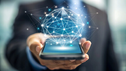 financial inclusionhand holding smartphone displaying digital globe with connections, symbolizing technology and communication