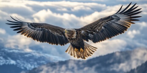 Naklejka premium Majestic eagle soaring over snowy mountain peaks