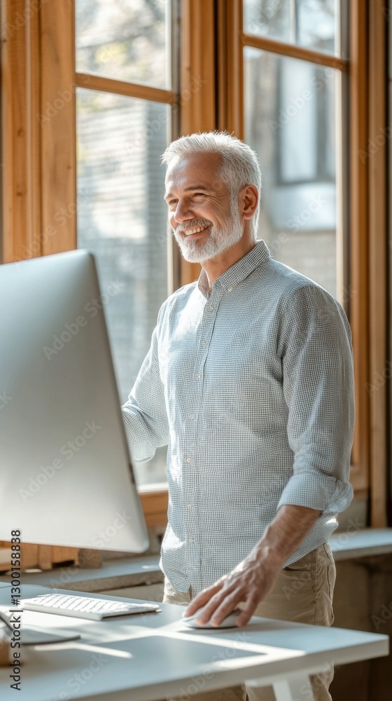 Aufkleber Smiling older man working at a desk with a computer in a bright, minimalist workspace near large windows