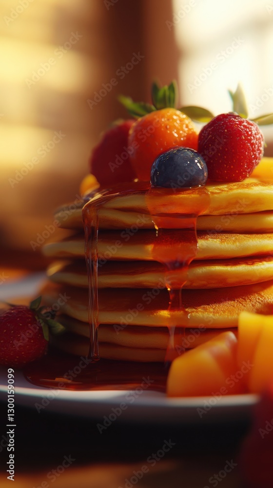 Poster close-up view of a delicious stack of pancakes topped with fresh fruits and syrup on a sunny breakfa