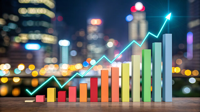 financial inclusionRising charts and graphs representing data visualization in cityscape