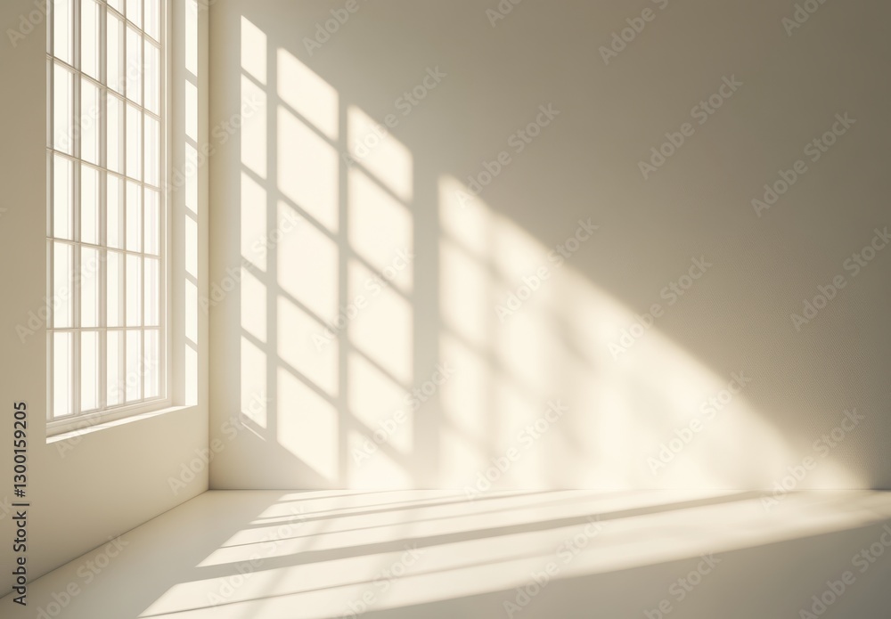 Poster bright and airy empty room with large windows casting long shadows on the wall and floor highlightin
