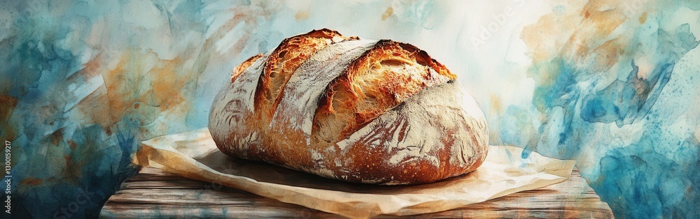 Poster close-up of freshly baked artisan bread on a rustic wooden surface with a watercolor background in s
