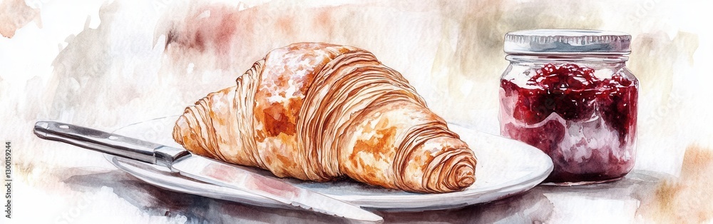 Poster Close-up of a buttery croissant on a plate with raspberry jam in a jar on a watercolor background