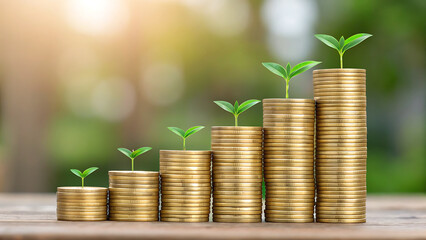 financial inclusionStacks of golden coins arranged in rising pattern with green plants growing