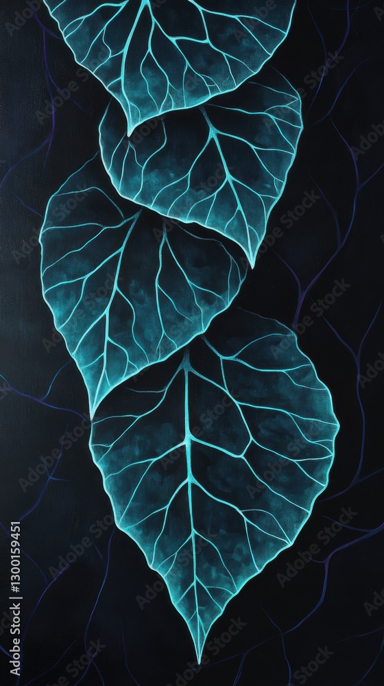 Poster striking black leaves illuminated by glowing turquoise veins create a captivating visual contrast in