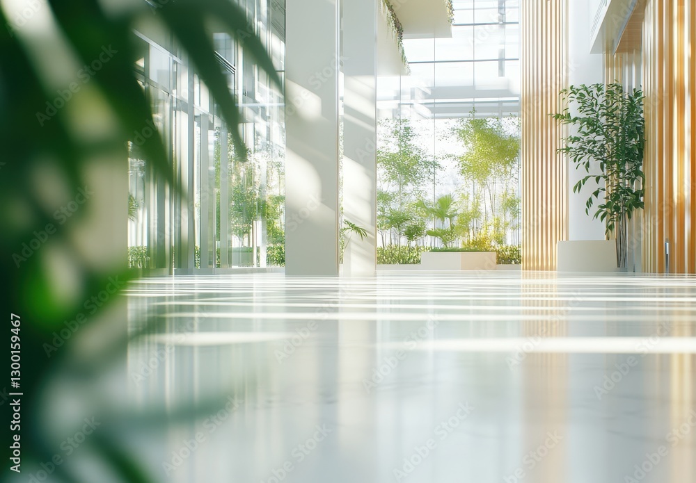 Poster bright and airy indoor space with greenery, sunlight streaming through large windows, and modern arc