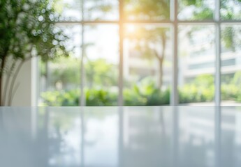 Naklejka premium Bright and Airy Interior with Blurred View of Lush Greenery Through Big Windows in Modern Building Environment