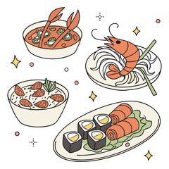 Festive seafood dishes are food cooked in modern delicacies with a presentation on the plate. Delicious dishes: salads and soups of shrimp, crab, mussels, baked fish, rolls, sushi, octopus vector