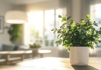 Bright and airy living space with green indoor plant in white pot on wooden table, showcasing cozy and peaceful home environment in soft sunlight
