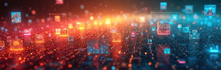 Vibrant, colorful digital mosaic. Floating squares, rectangles create dynamic, futuristic landscape of datum visualization. Modern tech design shows network connections, communication, cyberspace,