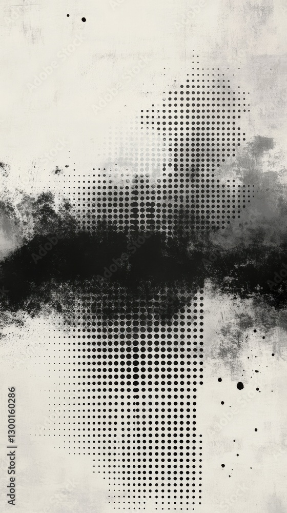 Poster monochromatic halftone dots fade into darkness creating an abstract artistic representation of light