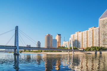 The urban architectural skyline, modern bridges, and Haihe River scenery of Tianjin, China on August 11, 2024
