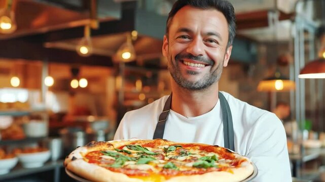 A European man smiles and shows the classic Italian pizza he has prepared. Generative AI
