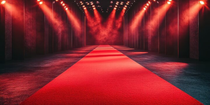 Red carpet event venue featuring dramatic lighting and fog effects at night
